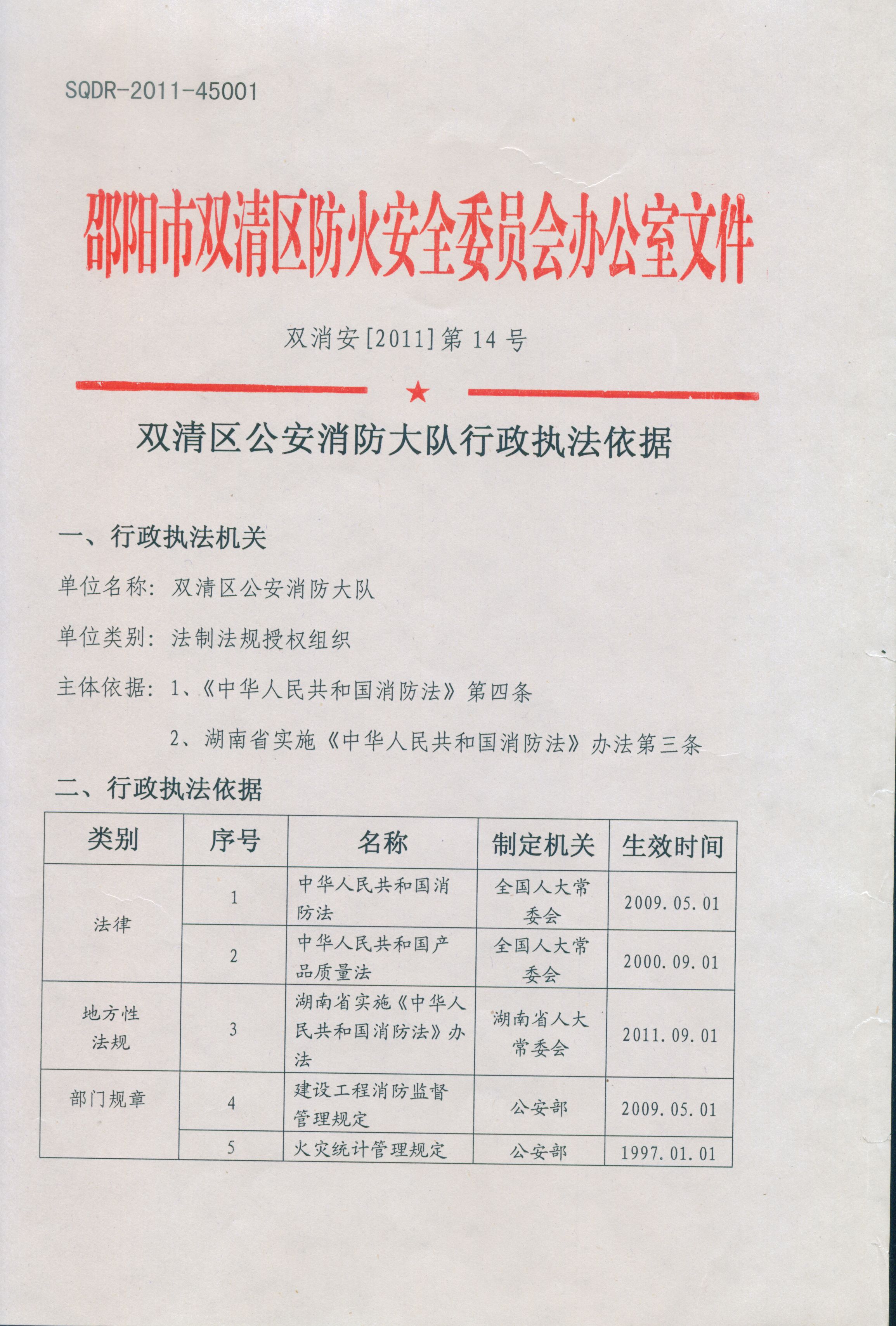 关于印发《双清区公安消防大队行政执法依据》的通知(图1)
